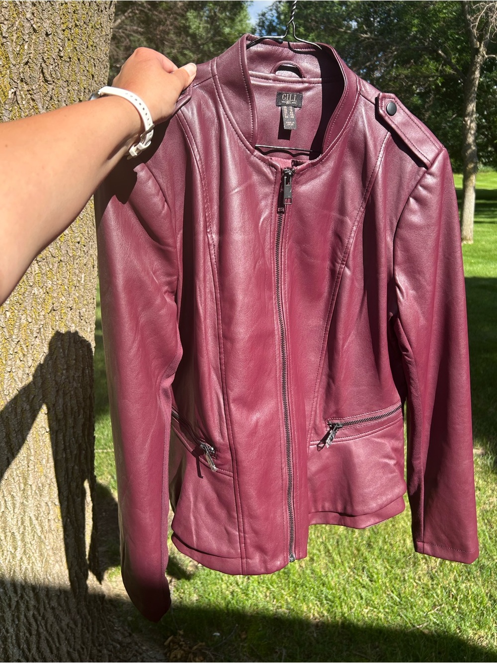 G.I.L.I Burgundy Wine Women's Faux Leather Peplum Zip Jacket Size 12